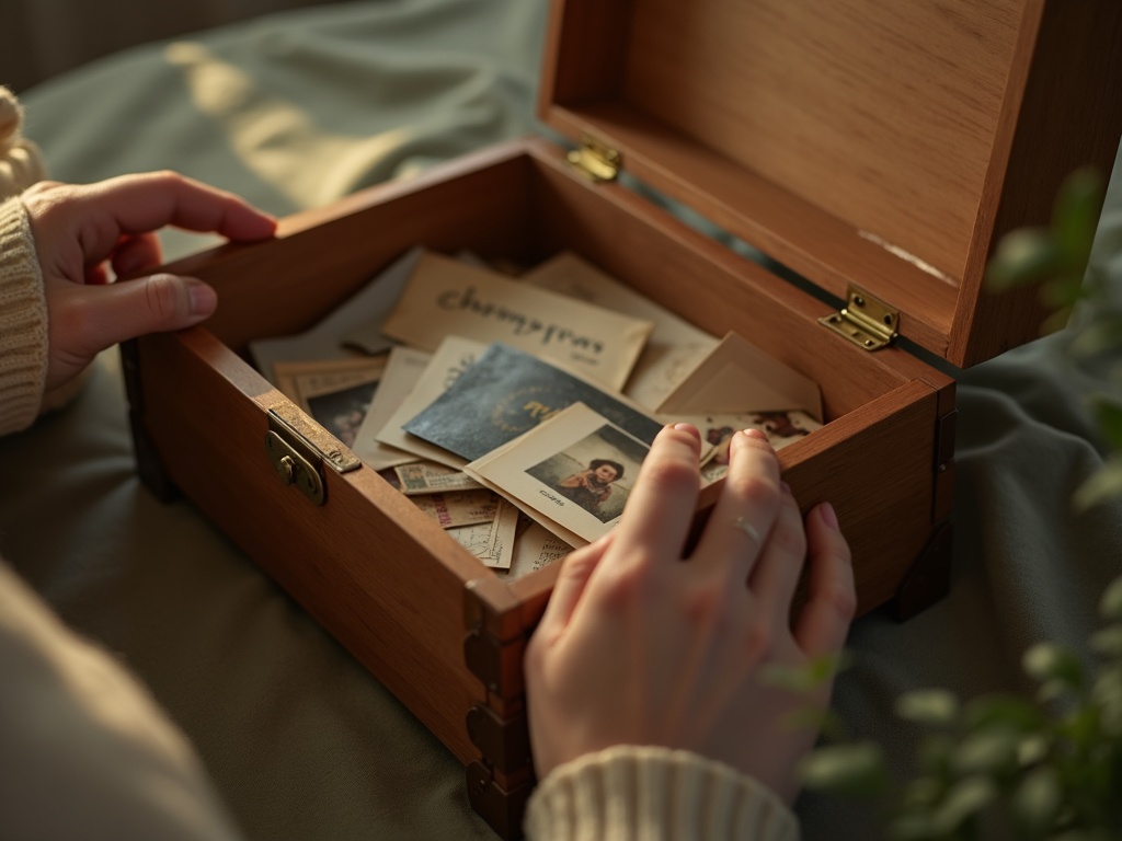 Een houten bewaardoos met foto's en herinneringen